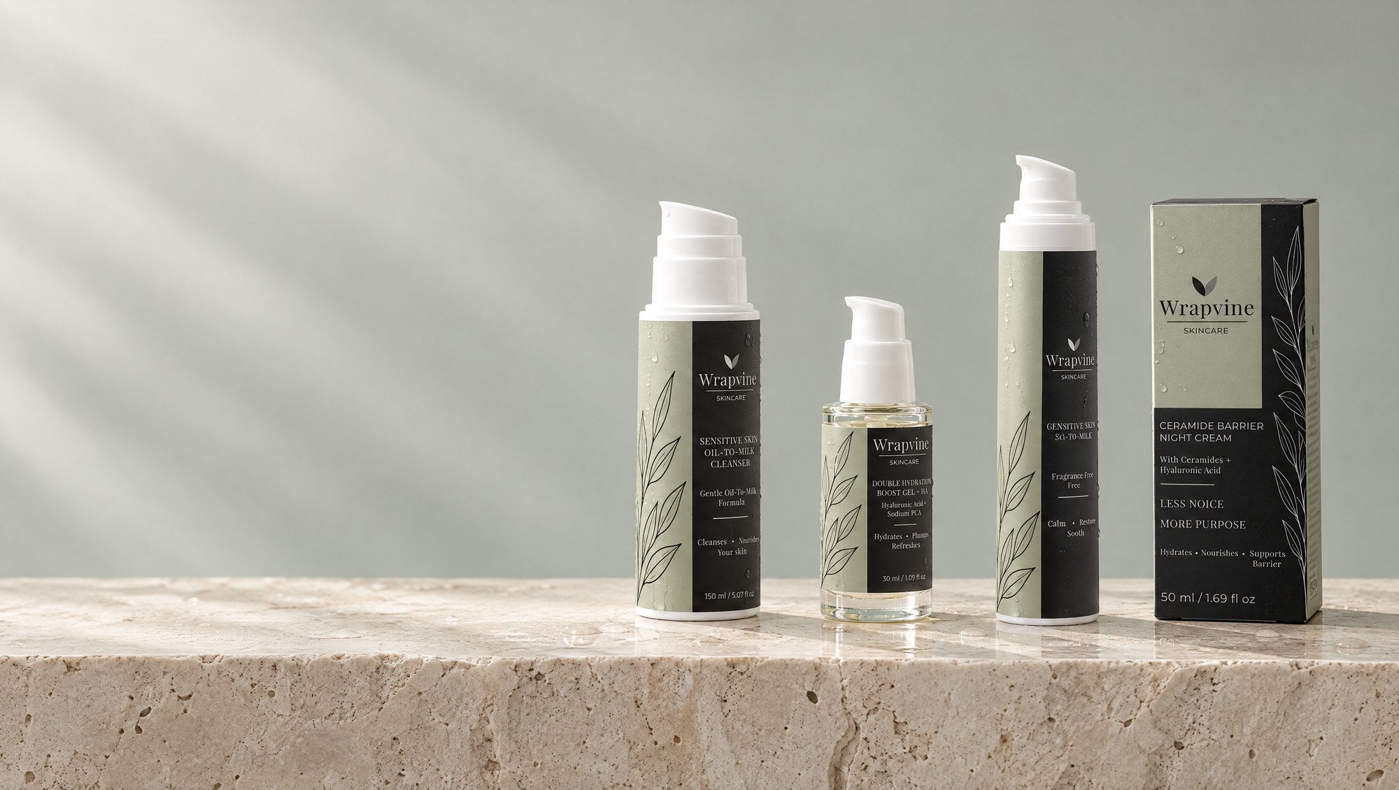 Wrapvine skincare products on stone